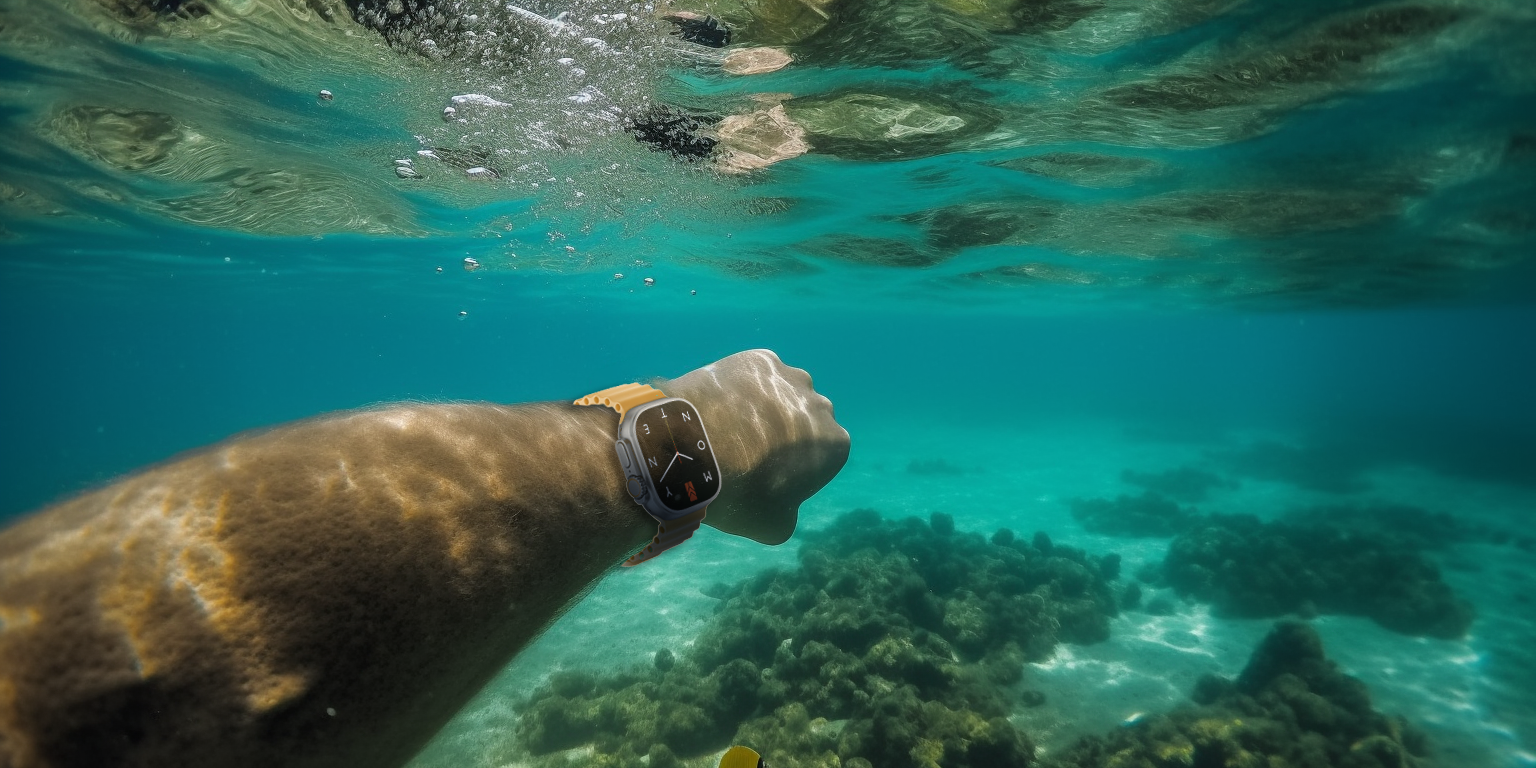 arm eines tauchers in karibischer see türkisgrünes wasser unter der wasseroberfläche mit apple watch am handgelenk mit orange farbenem Ocean Silikonarmband