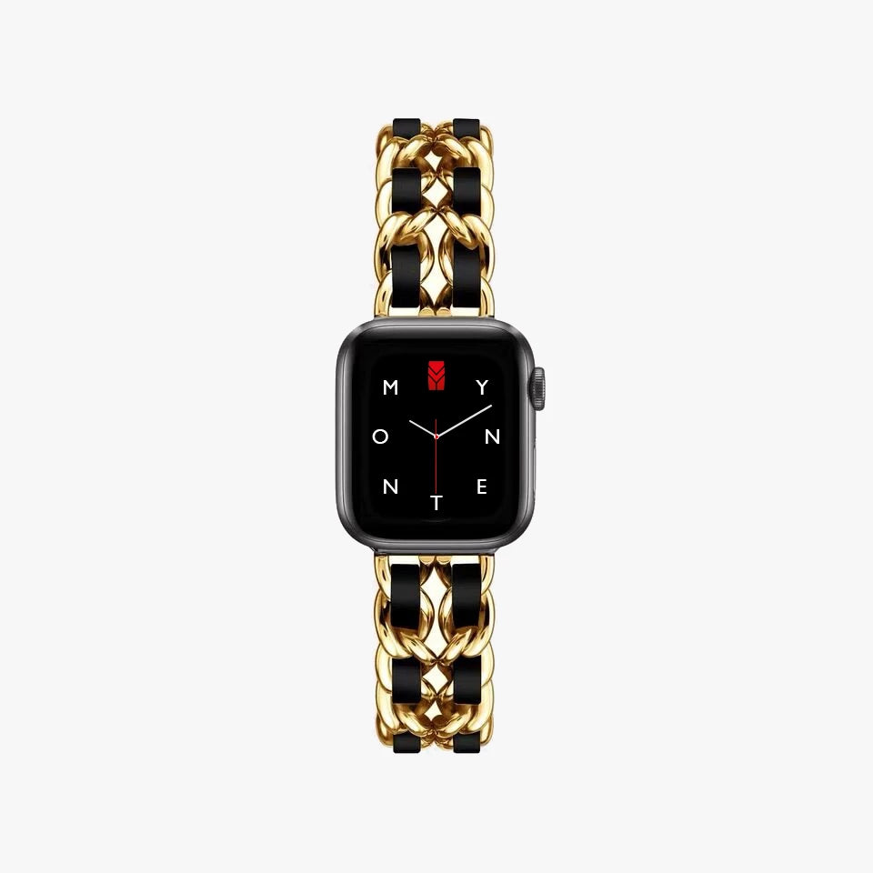 Apple Watch Kettenarmband aus Metall, Hochglanzkette und Leder, Farbe: Gold und Schwarz, Glamour und Luxus Style, Modell: Modena, Ansicht: von oben - MONTENY