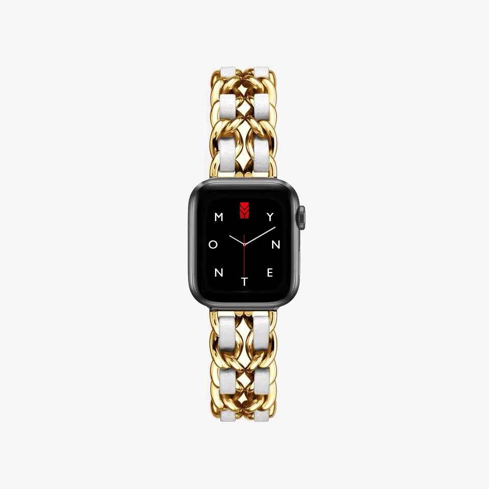 Apple Watch Kettenarmband aus Metall, Hochglanzkette und Leder, Farbe: Gold und Weiß, Glamour und Luxus Style, Modell: Modena, Ansicht: von oben - MONTENY