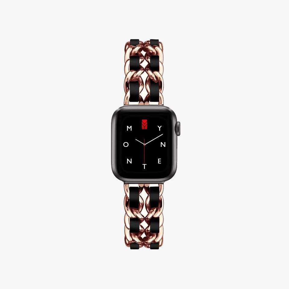 Apple Watch Kettenarmband aus Metall, Hochglanzkette und Leder, Farbe Rose Gold und Schwarz, Glamour und Luxus Style, Modell: Modena, Ansicht von oben - MONTENY