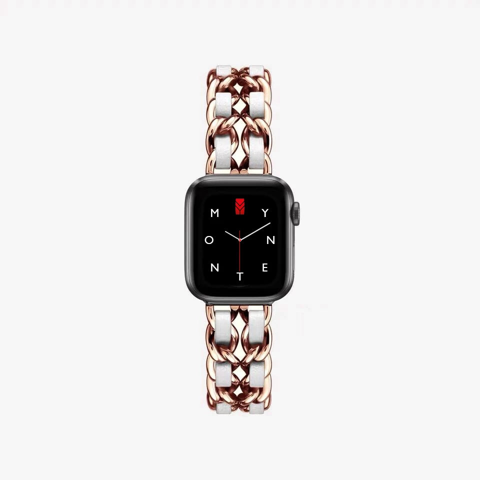 Apple Watch Kettenarmband aus Metall, Hochglanzkette und Leder, Farbe Rose Gold und Weiß, Glamour und Luxus Style, Modell: Modena, Ansicht: von oben - MONTENY