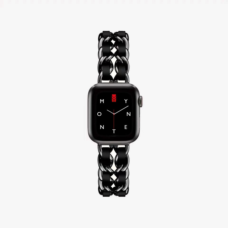 Apple Watch Kettenarmband aus Metall, Hochglanzkette und Leder, Farbe: Schwarz und Schwarz, Glamour und Luxus Style, Modell: Modena, Ansicht: von oben - MONTENY