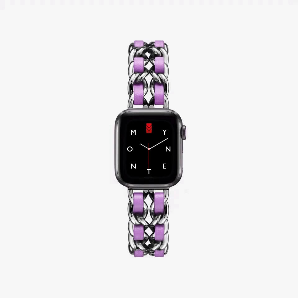 Apple Watch Kettenarmband aus Metall, Hochglanzkette und Leder, Farbe: Silber und Lila Glamour und Luxus Style, Modell: Modena, Ansicht: von oben - MONTENY