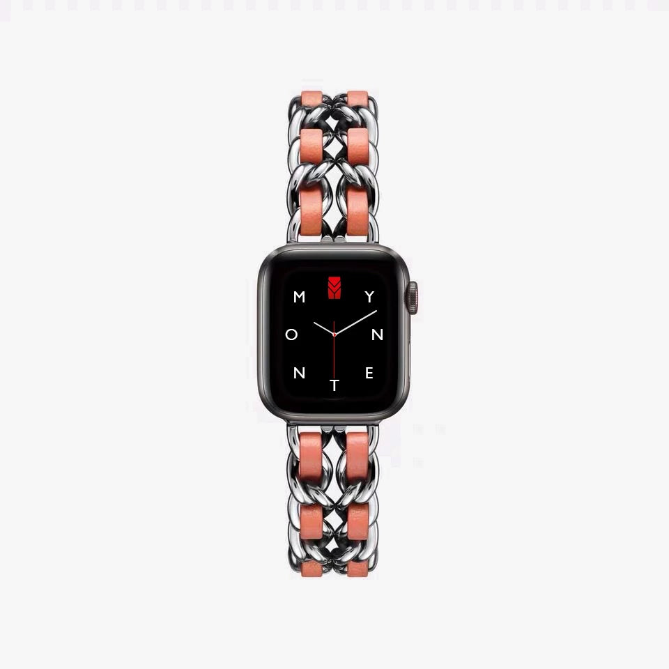 Apple Watch Kettenarmband aus Metall, Hochglanzkette und Leder, Farbe: Silber und Orange, Glamour und Luxus Style, Modell: Modena, Ansicht: von oben - MONTENY