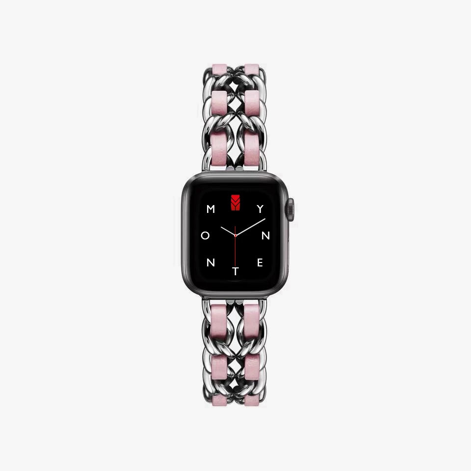 Apple Watch Kettenarmband aus Metall, Hochglanzkette und Leder, Farbe: Silber und Rosa, Glamour und Luxus Style, Modell: Modena, Ansicht: von oben - MONTENY