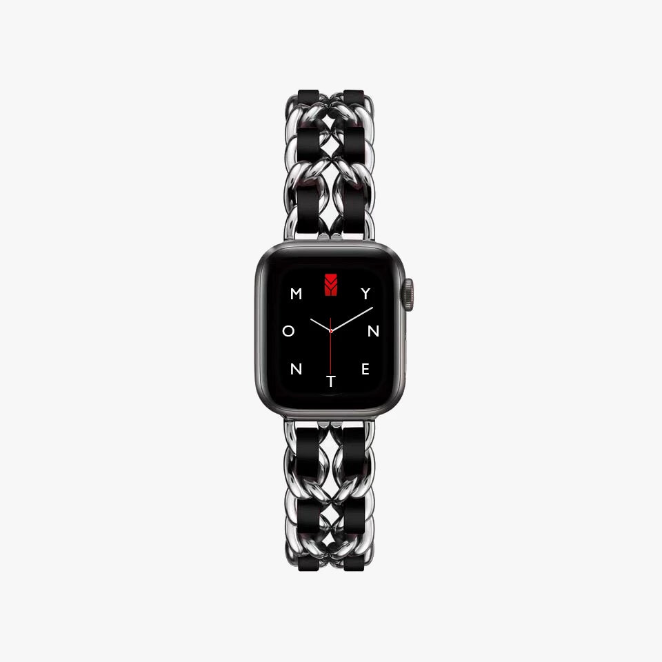 Apple Watch Kettenarmband aus Metall, Hochglanzkette und Leder, Farbe: Silber und Schwarz, Glamour und Luxus Style, Modell: Modena, Ansicht: von oben - MONTENY