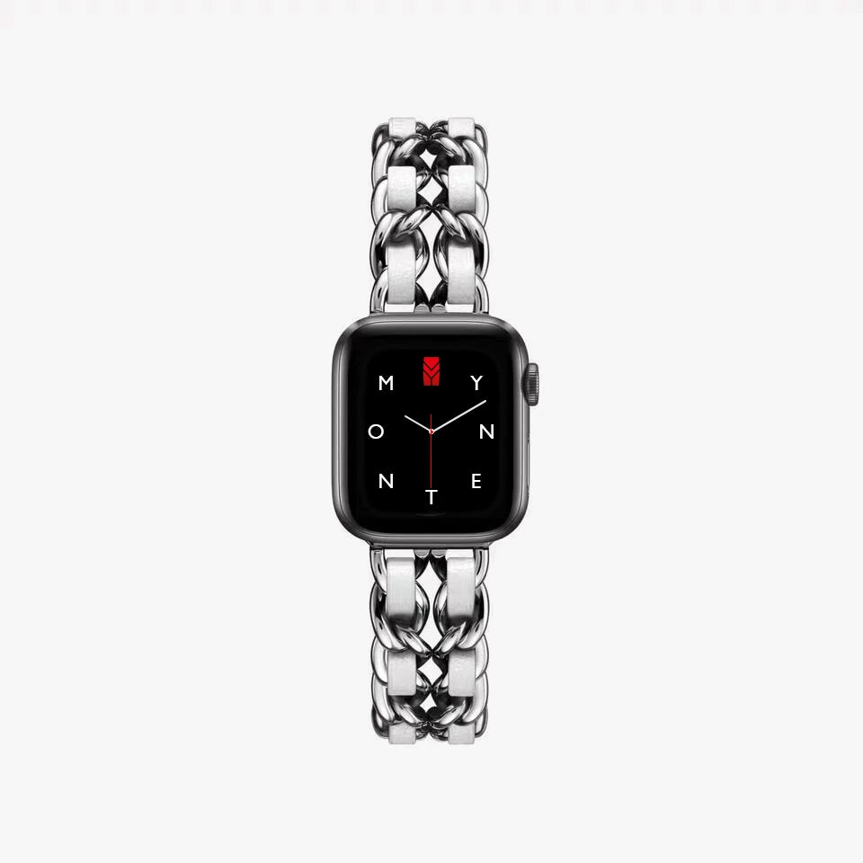 Apple Watch Kettenarmband aus Metall, Hochglanzkette und Leder, Farbe: Silber und Weiß, Glamour und Luxus Style, Modell: Modena, Ansicht: von oben - MONTENY