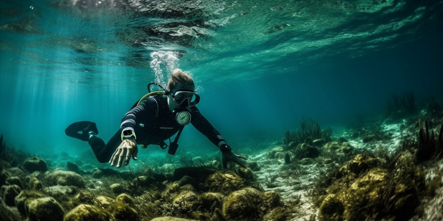 ganzkörper ansicht eines tauchers in karibischer see türkisgrünes wasser unter der wasseroberfläche mit apple watch am handgelenk mit orange farbenem Ocean Silikonarmband